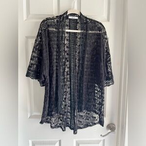 Small Mod Black Lace Kimono Short Sleeve Crochet Boho Top Cardigan Flowy Shirt